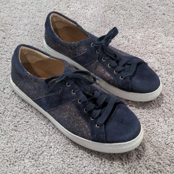 Trask Lindsey Leather Suede Sneakers Navy Blue with Rose Gold Metallic shimmer 8 - Picture 1 of 8